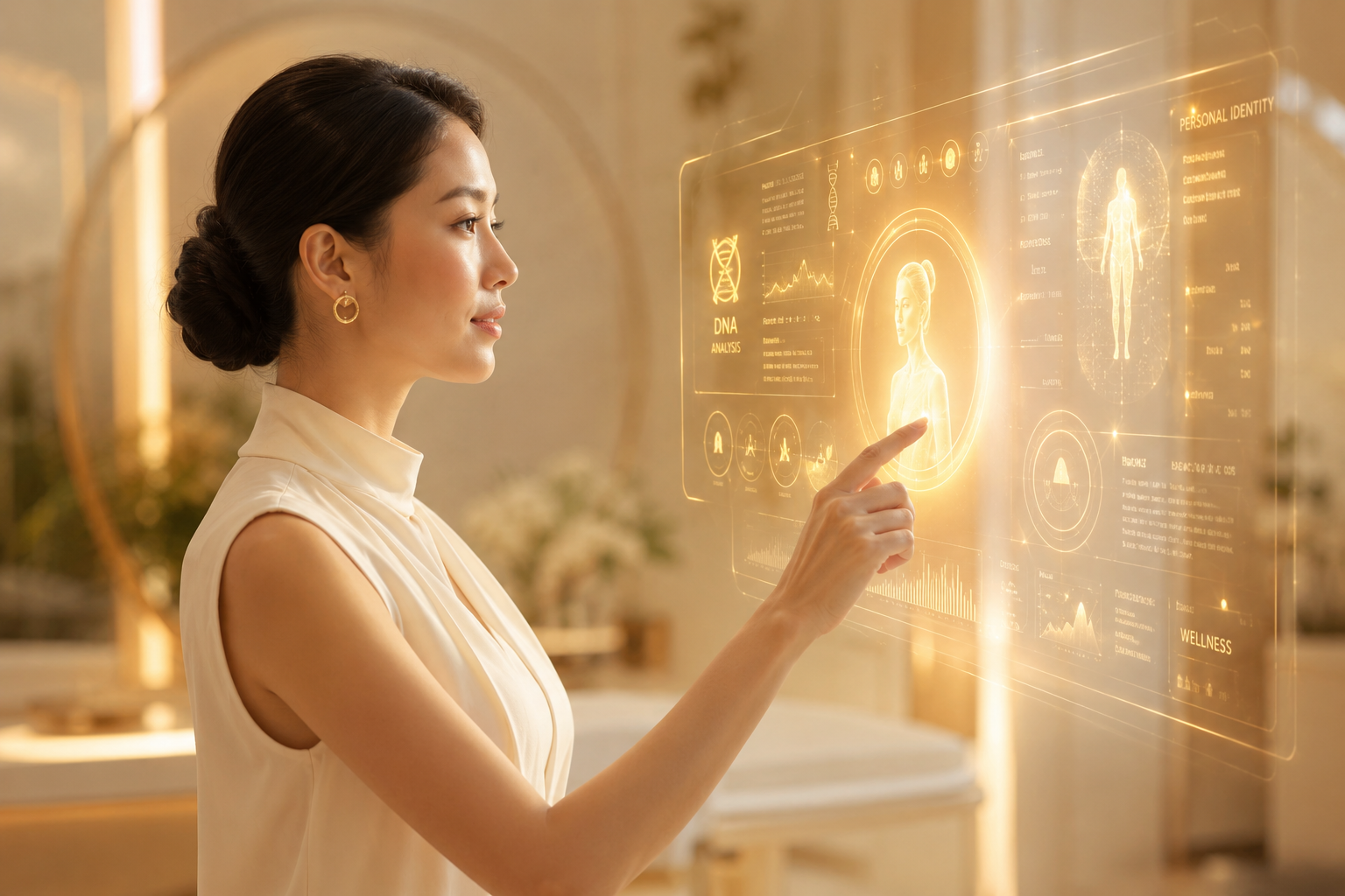 Bàn tay người chạm vào màn hình ảo - kỷ nguyên AI